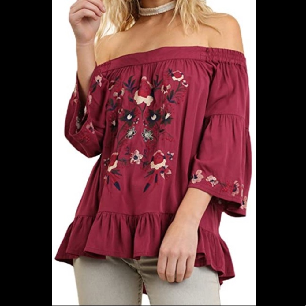 Umgee floral embroidered off the shoulder top L